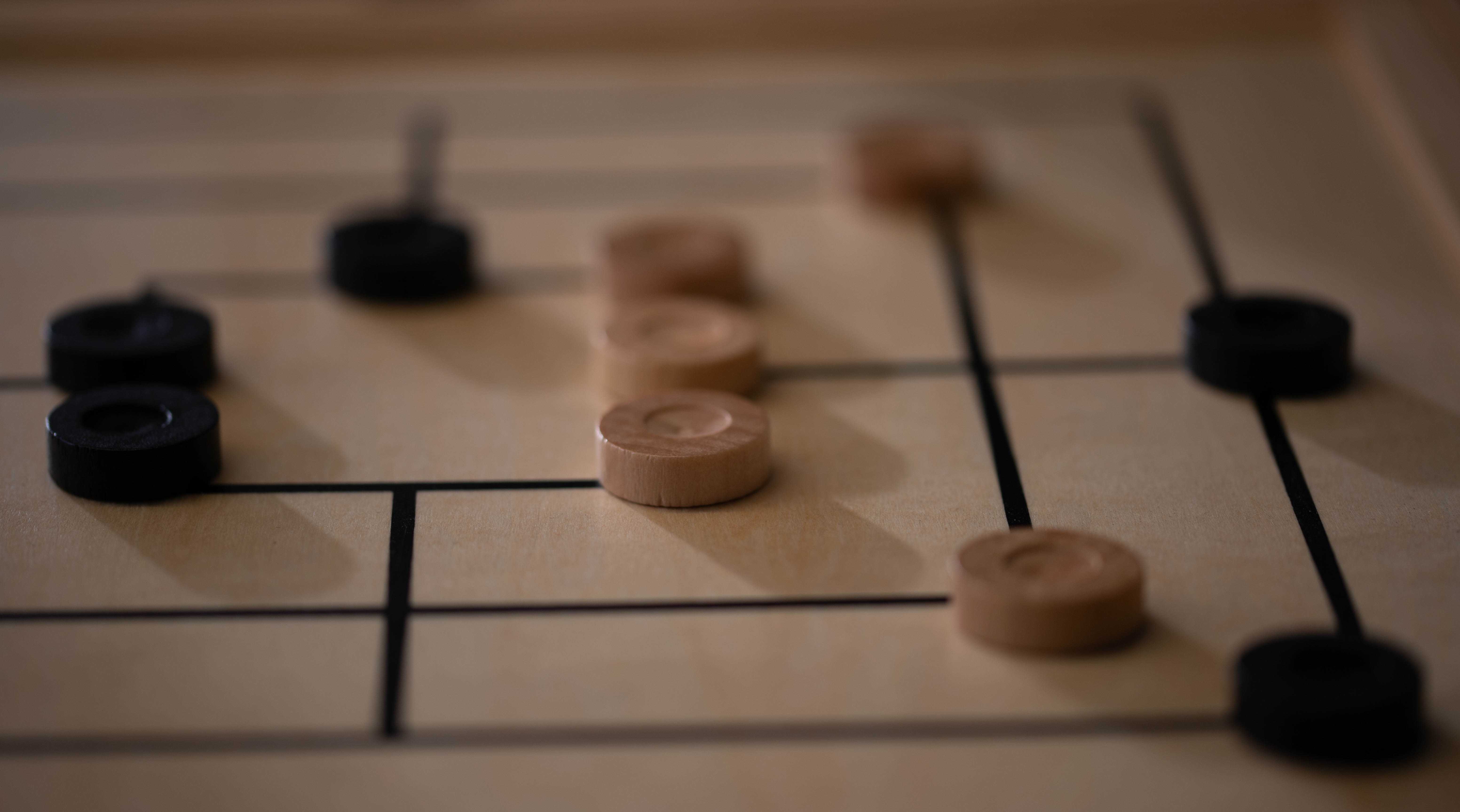 An in-game scene with light and dark wooden pieces strategically placed on a board